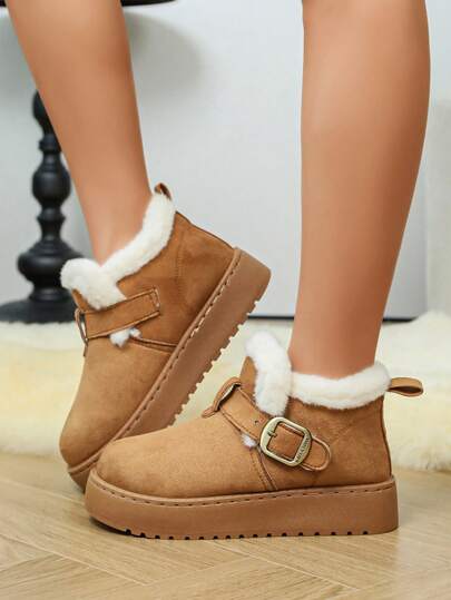 Thick Sole Snow Boots New Winter Winter Shoes With Thermal Lining, Thickened Warm Fur Shoes, Fashion Casual Fur Trim Versatile Buckle Strap Snow Boots For Party And Home