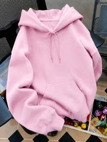 Women Solid Color Gildan Hoodie, Oversized Pullover Sweatshirt, Casual Basic Long Sleeve Top, College Campus Back To School Wear, Fall Daily Outfit - 淺粉色 - 查看 9