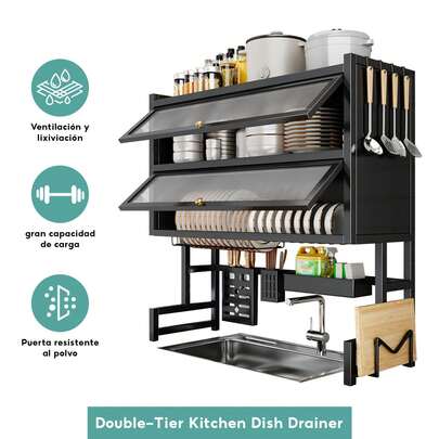 Escurridor De Trastes, Escurridor de Platos de Gran Capacidad de 3 Niveles con Puerta, Escurreplatos para Escurridors sobre Fregadero (Black, 85cm)