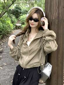 Sun Protection American Sweet Cool Style Utility Windbreaker Jacket - Khaki - View 2