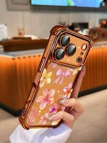 全包覆透明防震 TPU 手機殼，相容 Apple 設備，粉色花朵蝴蝶結設計，適用於 iPhone 17 Pro、16 Pro、15、14、13、12 和 11，極簡時尚軟保護殼，情人節禮物 - 橘色 - 查看 3