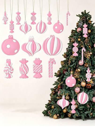 20 Pcs Christmas Candy Tree Decorations, Christmas Cane Candy Lollipop Pendants, Suitable For Decorating Christmas Trees At Holiday Parties, Birthday Parties, Family Gatherings, Christmas Celebrations, Decorative Crafts (Pink And White)
