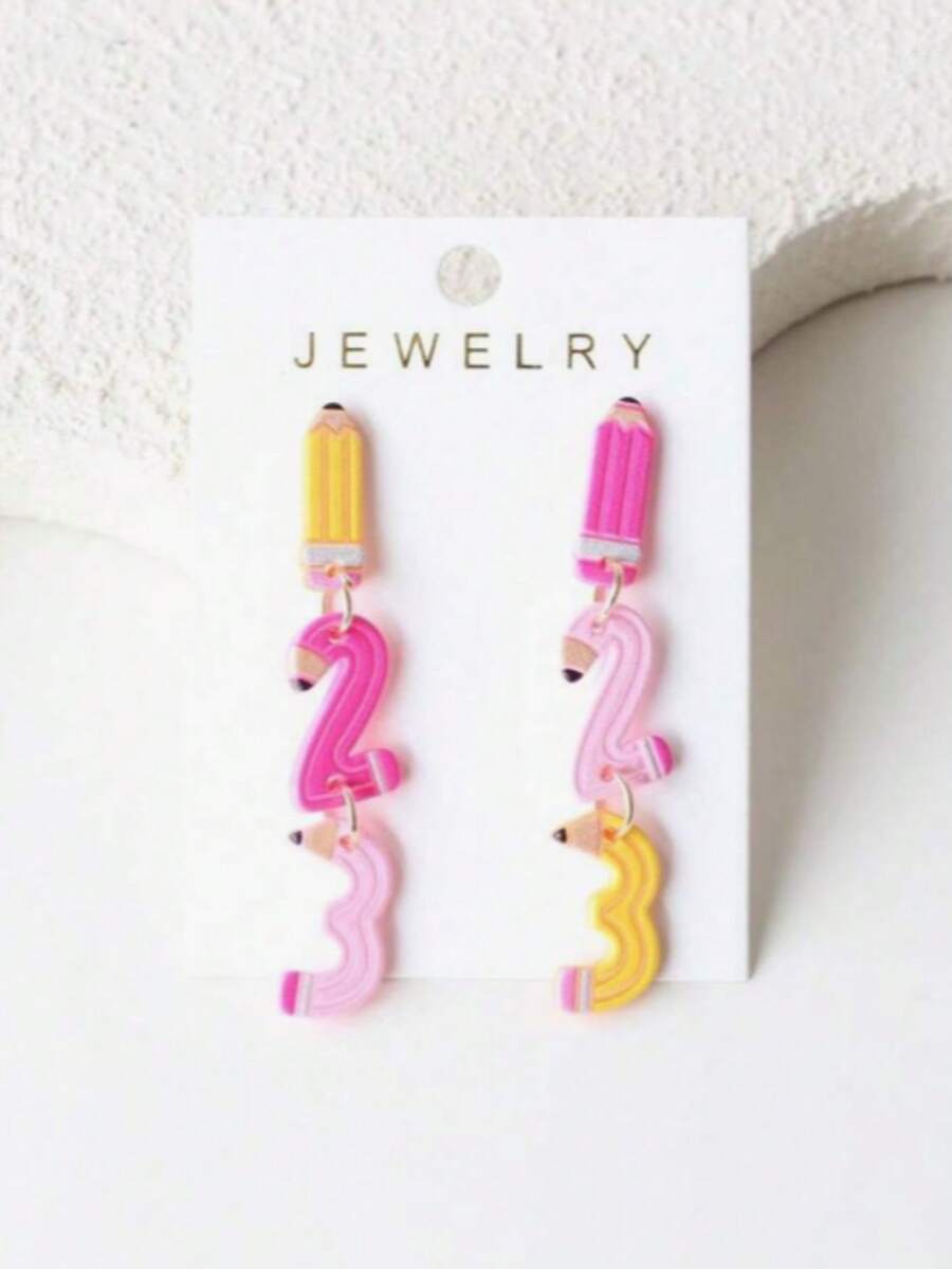 1 Pair Pink No. 123 Pencil Shaped Acrylic Pendant Earrings, Cute Retro Minimalist Style, Suitable For Back To School, Teacher's Day, Graduation Season - Multicolor - View 1
