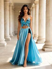Sequin Butterfly Waist-Baring Cami Top With Glossy Slit Flare Skirt, Vacation Style Party Flowy Long Skirt Outfit Two Pieces (Multiple Colors Available) - Multicolor - View 16