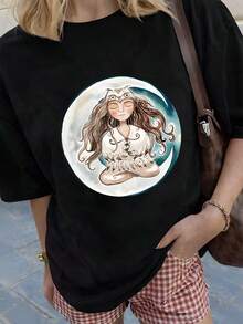 Unisex 100% High Quality Cotton Art Bohemian Lady Print Short Sleeve Tee Comfortable Light Summer Casual Basic T Shirt - Black - View 1
