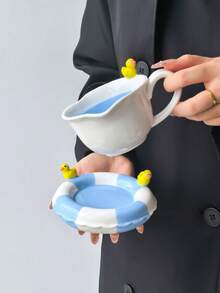 1 Set Summer Pool Duck Ceramic Coffee Cup & Saucer, Ins Style Blue & White Colorblock Embossed Little Yellow Duck Mug, Paired With Blue & White Swim Ring Plate, Personalized Creative, Cute, Gift, Commercial, Artwork - Multicolor - View 6