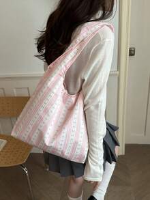Bolso de hombro de gran capacidad para mujer, de unicolor, de moda para el uso diario y desplazamientos - Rosa - Ver 2