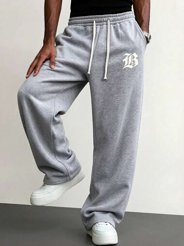Men's American Style Light Gray Wide Leg Sweatpants, Gothic Print Drawstring Waist Loose Draped Athletic Pants, Streetwear Lazy Versatile Casual Long Pants
