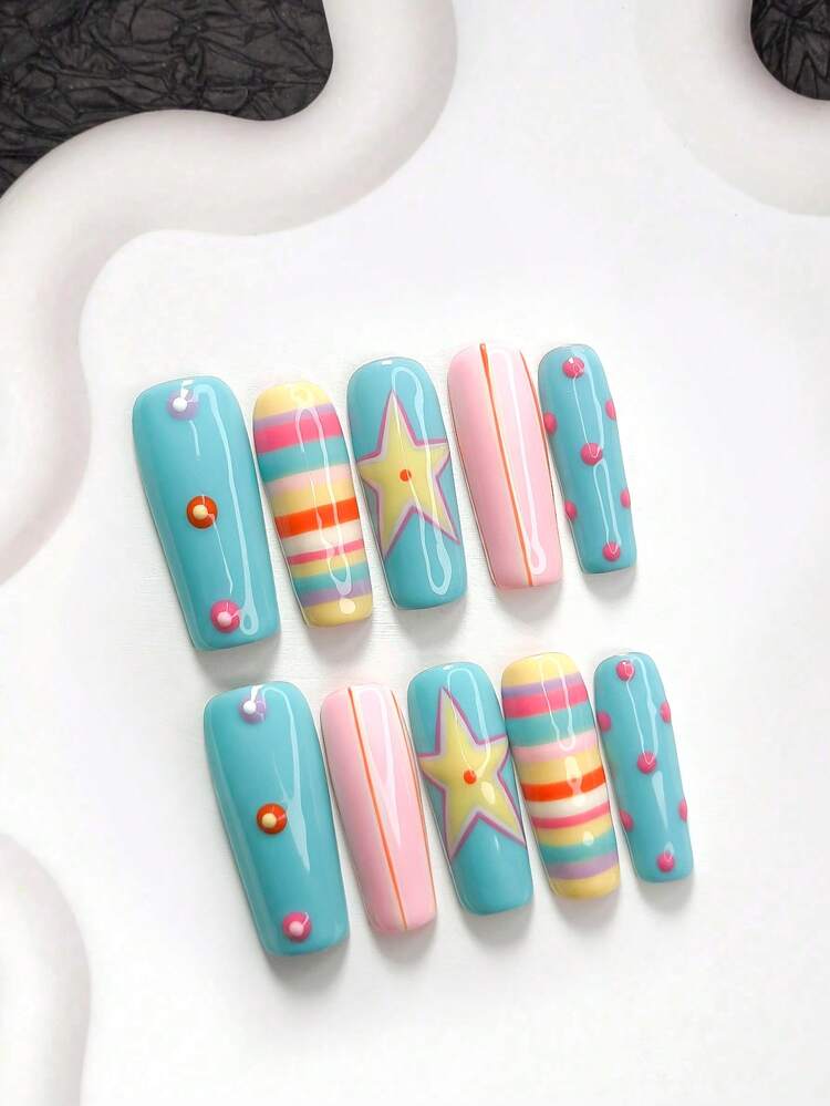 10pcs Vibrant Girl Style Handmade Press-On Nails, Polygel Nail Art Set, Hand-Painted Star & Stripe Pattern, Blue & Yellow Color Scheme, Sweet Style, Includes Nail Tools, 3 Sizes Available, Almond/Duck/Coffin Shape, Suitable For Party, Dancing, Daily Wear - Multicolor - View 4