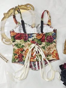 Vintage Floral Print Tapestry Style Corset Top, Romantic Date Night Casual Vacation Essential - Multicolor - View 7