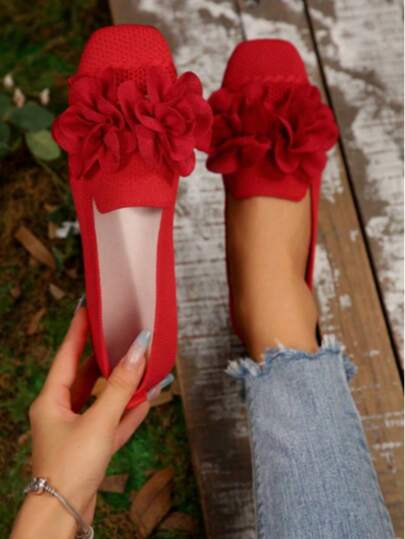 French Style New Red 3D Floral Decor Women's Shoes, Knitted Mesh Woven Flat Shoes, Square Toe Non-Slip Soft Sole Slip-On Loafers, Festive Red Shoes, Camellia Flower Low Vamp Shoes, Red Knitted Driving Loafers