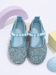 1 Pair Girls' Dual-Color Rhinestone & White Pearl Hook-And-Loop Blue Flat Shoes, Suitable For Performance And Daily Wear - Blue - View 3