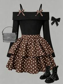 Girls' Fashionable Elegant 2-Piece Set With Off-Shoulder Spaghetti Strap Top, Contrast Bow Decor, Double Layer Polka Dot Print Tiered Skirt - Brown - View 1