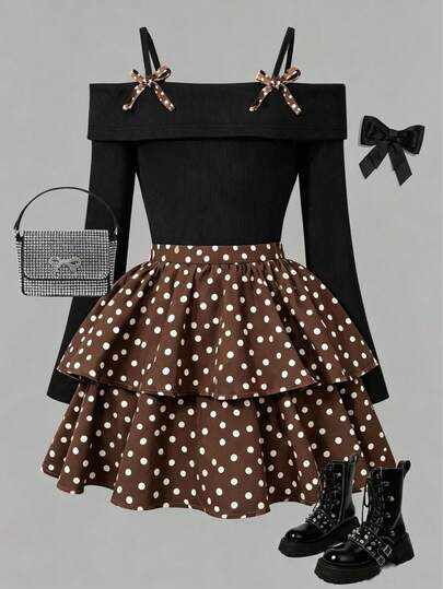 Girls' Fashionable Elegant 2-Piece Set With Off-Shoulder Spaghetti Strap Top, Contrast Bow Decor, Double Layer Polka Dot Print Tiered Skirt