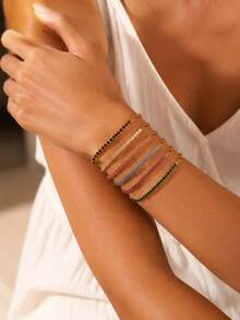 1pc Classic Elegant Style Stainless Steel Chain Bracelet With Colorful Glass Decoration, Suitable For Women's Daily Wear Or Holiday Gift For Best Friends - Yellow Gold - View 1