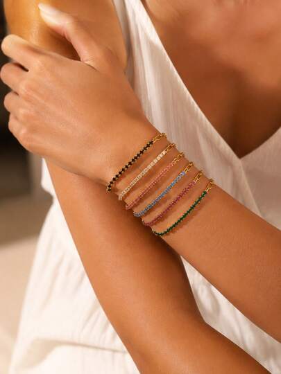 1pc Classic Elegant Style Stainless Steel Chain Bracelet With Colorful Glass Decoration, Suitable For Women's Daily Wear Or Holiday Gift For Best Friends