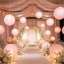 Elegant Pink Paper Lantern Set, Includes 9 Lanterns + 9 Lantern Stands - Round Handmade Folding Decorations, Suitable For Weddings, Birthdays, Anniversaries And Holiday Celebrations - As Shown - View 4