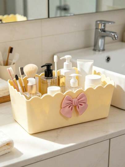 OBOVAY Caja de almacenamiento con lazo rosa, caja de almacenamiento con lazo crema organizador de papelería para escritorio de estudiante, cesta de almacenamiento de artículos del hogar, adecuada para el hogar, la oficina, la cocina, el tocador del dormitorio, artículos de primera necesidad, adecuada para el hogar, el restaurante, la decoración de la sala de estar, el tocador, plástico duradero, regalo de boda para la novia, regalo del Día de la Madre, regalo de cumpleaños, recuerdo de vacaciones, regalo de vuelta a la escuela, regalo de graduación