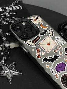 1pc Halloween Ghost Bat Pumpkin Envelope Spooky Mail Sticker Pattern IMD Matte Silver Raised Metal Lens Frame Full Coverage Anti-Drop Hard Shell Phone Case Compatible With All Apple Models Cute Quirky Subculture Ins Niche Unisex Phone Protective Cover - Silver - View 4