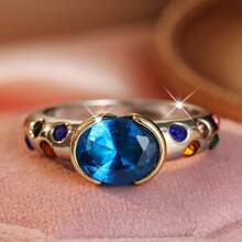Vintage Oval Blue Cubic Zirconia Jewelry, Suitable For Women's Daily, Banquet, Date And Party Wear - Silver - View 5