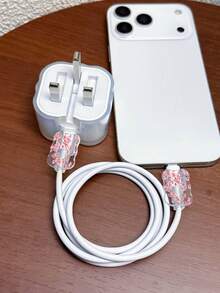 3pcs Set Data Cable Charger Protective Cover UC Painted Pink Flower Pattern Suitable For UK Standard Apple Fast Charger 20W UK Charger Use Anti-Break Charger Protector - Multicolor - View 4