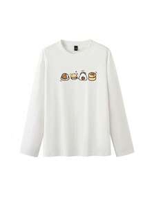 Sweet Casual Round Neck Women's T-Shirt, Cute Sushi Rice Ball Print, Autumn Lazy Versatile Long Sleeve Base Layer White - White - View 7