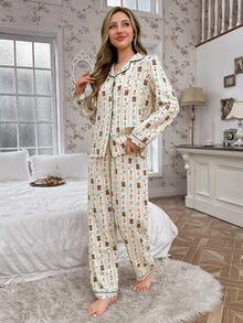 Women's Cream Textured Fabric Teddy Bear & Ditsy Floral Black Trim Notch Neck Long Sleeve Straight Leg Pants 2 Pieces Pajama Set - Multicolor - View 1
