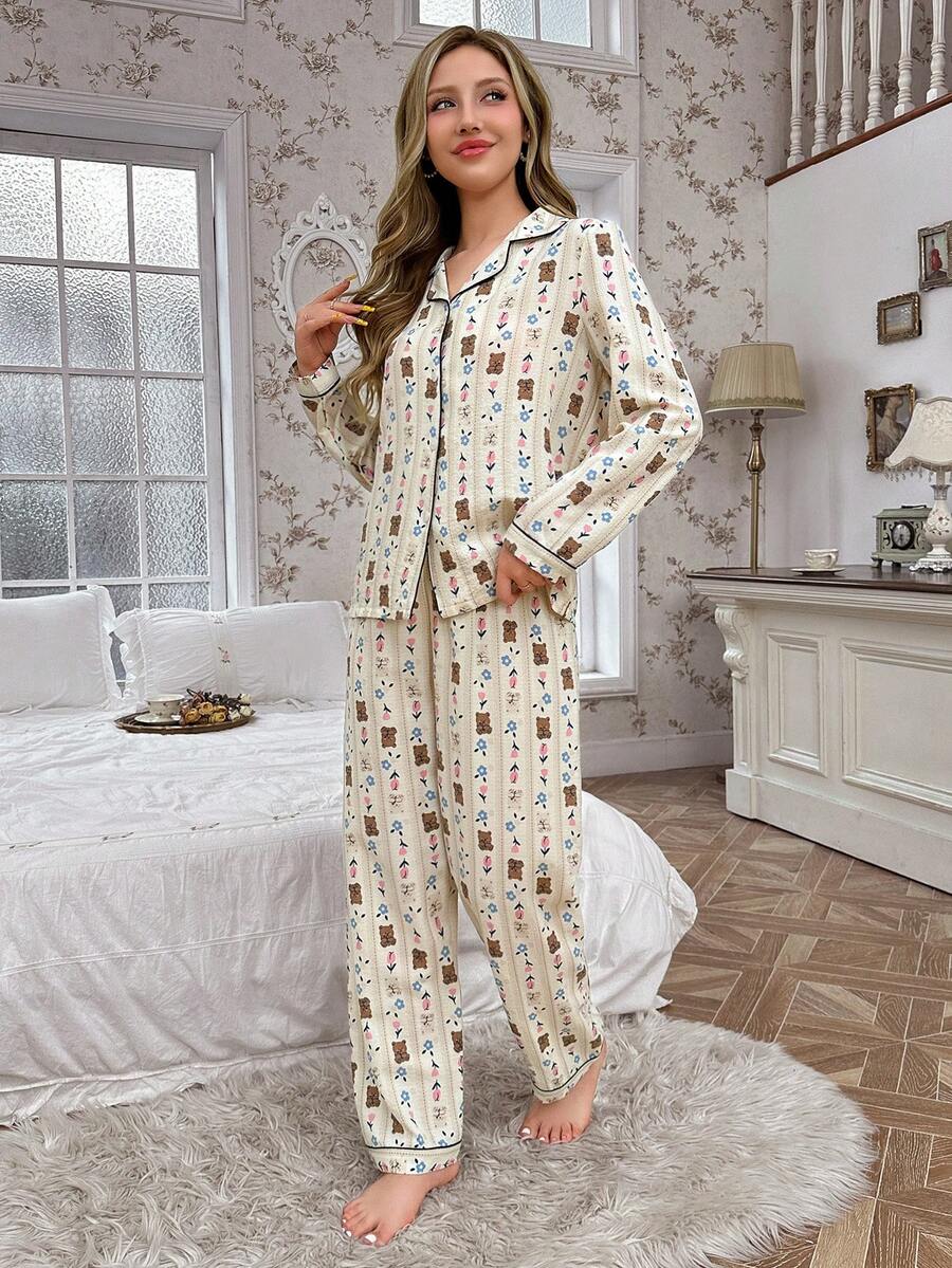 Women's Cream Textured Fabric Teddy Bear & Ditsy Floral Black Trim Notch Neck Long Sleeve Straight Leg Pants 2 Pieces Pajama Set - Multicolor - View 1