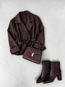 Fashionable Women's Long Sleeve Fine Striped Woven Fabric Blazer, Lapel Tie Waist, Button Detail - Burgundy - View 5