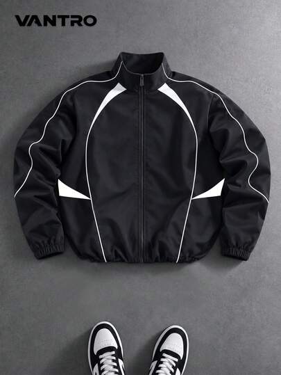 Spring/Autumn Vintage Sports Niche Streetwear Thin Jacket, Daily Casual Multi-Scenario All-Match Versatile Thin Outerwear, White Line Curved Trim Solid Color Stand Collar Trench Coat, Men's Slim Fit Slightly Loose, Pure Black Minimalist Sports Stand Collar Jacket