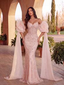 ADYCE Elegant Beaded Embroidered High Waist Floral Applique Flap Back Tie Mermaid Floor Length Party Dress Wedding Fall - Baby Pink - View 7