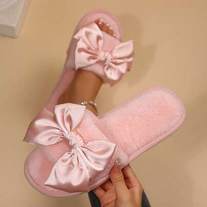 Flats Elegant Winter Warm Soft Cozy Faux Fur Fuzzy Flurry Satin Bow Slides Open Toe Womens Bedroom Slippers House Shoes