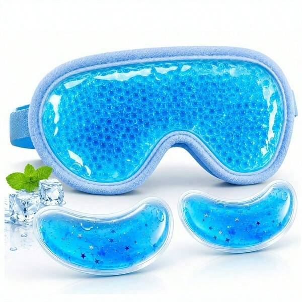 3Pcs Reusable Ice & Hot Gel Eye Mask Set – Includes 1 Adjustable Eye Mask + 2 Independent Gel Pads – Portable Cold/Hot Compress For Home, Travel, Sleep – Great Gift