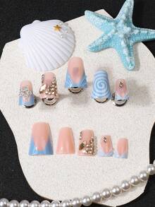 24pcs 3D Duck Foot Square French Press-On Nails, Light Blue Swirl Star Rhinestone Design, Sweet Cool Y2K Style Fake Nails, Suitable For Daily Commute, Date, Party, Includes Nail File + Jelly Glue - Mint Green - View 4