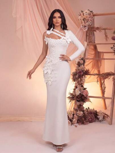 Modphy Nuevo vestido ajustado para mujer con decoración de flores tridimensionales y perlas, manga irregular, color blanco