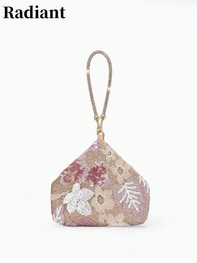 Floral Sequin-Embellished Wristlet Evening Bag-A Sparkling Accessory Perfect For Weddings, Dates, Or Pairing With A Qipao.