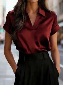 Minimal Silky Vacation Short Sleeve Shirt Graduation Commute Travel Vacation City Trip Leisure Brunch Wear - Burgundy - View 3