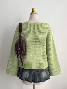 Women Boat Neck Crochet Knit Sweater, Big Flare Long Sleeve Loose Oversized Pullover, Fall Casual Textured Knit Top - Olive Green - View 6