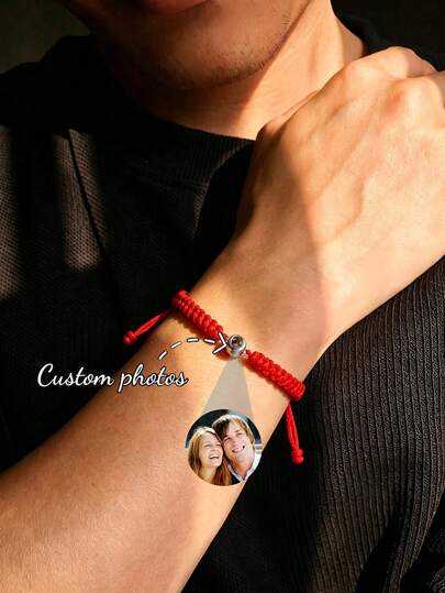 Pulsera proyectada con foto personalizada para mujer, estilo punk moderno. Pulsera de pareja hecha a mano de cuerda trenzada y personalizable con proyección circular en acero inoxidable de colores. Regalo conmemorativo con imagen familiar para aniversarios de novia o esposa.