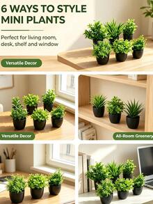 6pcs Artificial Greenery Potted Plants Set, Includes Eucalyptus Leaves, Rosemary, Magnolia, Black Plastic Mini Pots, Suitable For Home Indoor Office Desk, Country Style, Bathroom Decor, Patio Decor, Gifts, Garden Decor, Bedroom, Outdoor Plants, Gardening, Artificial Greenery Set - Green - View 4