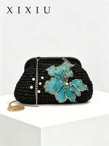 New Chinese Style Retro Straw Shell Bag With Sequin Embellishments, A Versatile Women's Handbag Perfect For Weddings, Banquets, And Outings. - Black - View 11