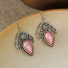 DIYCCPC Elegant Fashion Pattern Engraved Pink & Blue Bead Water Drop Hollow Pendant Earrings, Suitable For Daily Wear Jewelry - Multicolor - View 8