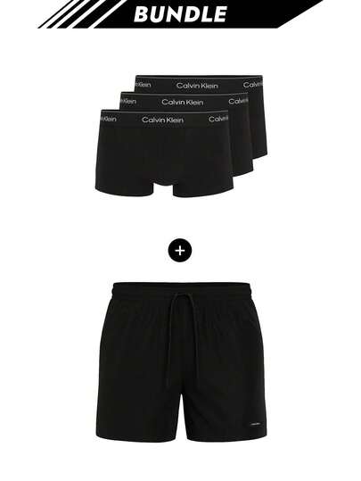 Calvin Klein [حزمة] 3 عبوات من سراويل داخلية رجالية حديثة + شورتات سباحة أساسية رجالية باللون الأسود