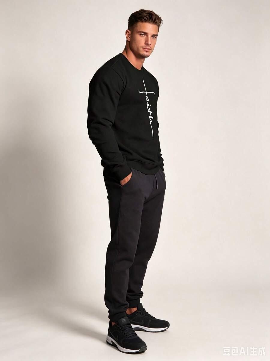 2026New Fashionable Casual Slogan Print Men's Crew Neck Sweatshirt - 黑色 - 查看 1