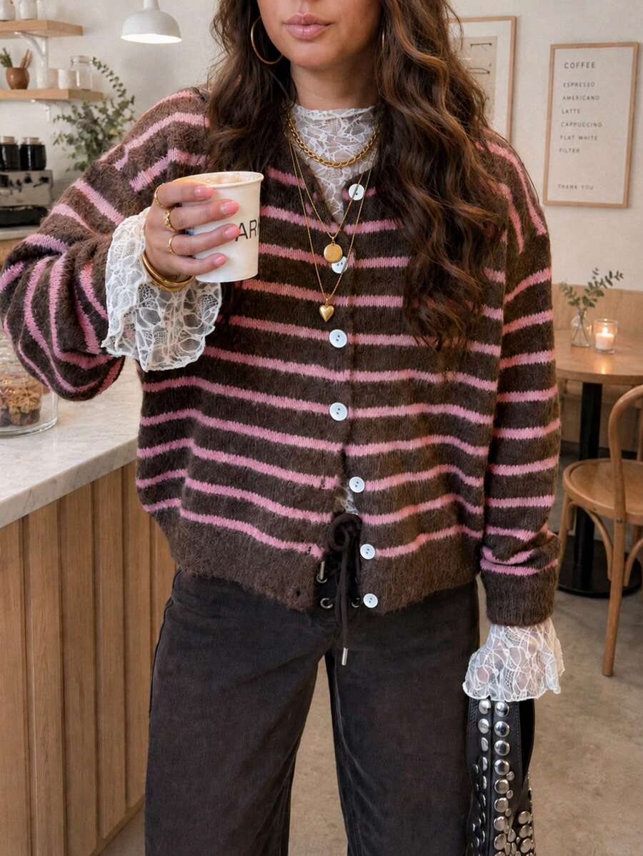 Women's Casual Striped Loose Long Sleeve Drop Shoulder Button Front Ribbed Cardigan Sweater, Fall Winter Vacation - Multicolor - View 1
