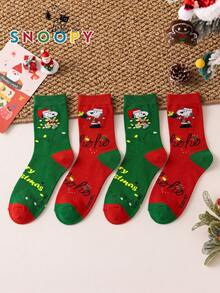1/2 Pairs Snoopy Socks Men's Autumn/Winter Red & Green Christmas Mid-Calf Sports Socks, Cute Cartoon Pattern Unique Snoopy Halloween Socks - Multicolor - View 4