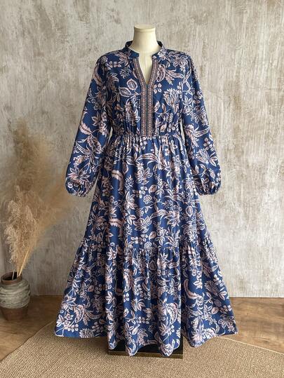 Rusttydustty Gaun Wanita Ukuran Besar Motif Bunga Biru Tua Gaya Bohemian untuk Liburan, Perjalanan, dan Sehari-hari, Lengan Panjang dengan Pinggang Terikat