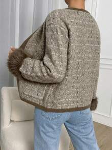 Cardigan Rajut Tweed Cokelat Elegan untuk Wanita, Jaket Sweater Lengan Panjang Terbuka Depan dengan Trim Bertekstur dan Saku untuk Lapisan Pakaian Musim Gugur dan Musim Dingin - MultiWarna - View 7