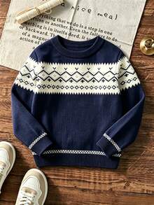 Tween Boys Vintage Nordic Jacquard Knit Top, Contrast Geo Print Fall Knitwear - Navy Blue - View 3