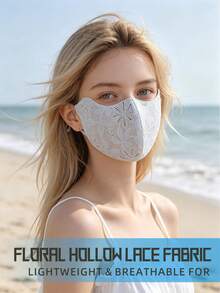 Floral Hollow Lace Sun Protection Face Mask, Adjustable Ear Loops, Lightweight Breathable UV Protection, For Women's Daily Use - Multicolor - View 3